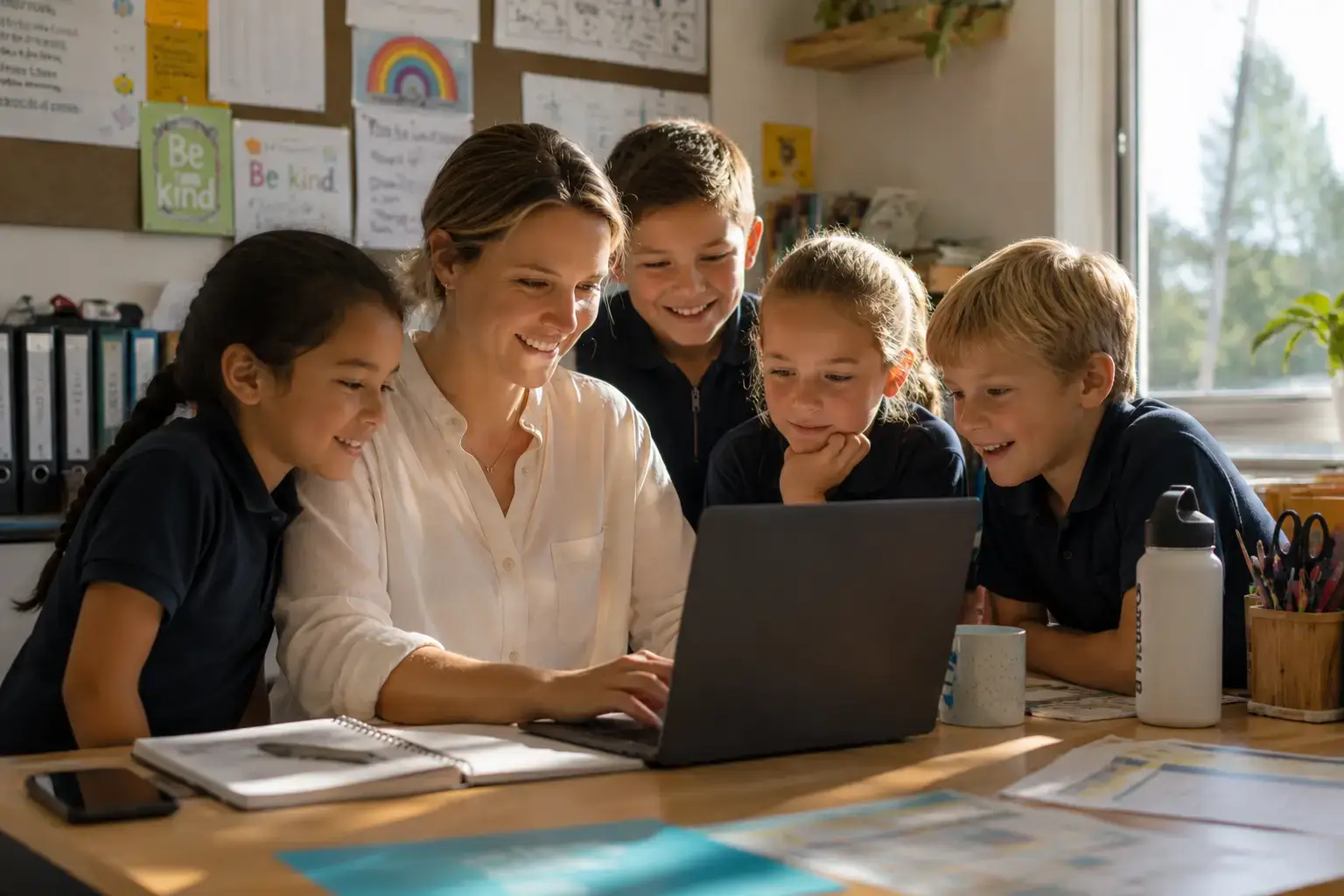 Teacher and primary school students learning together on an educational app on a laptop