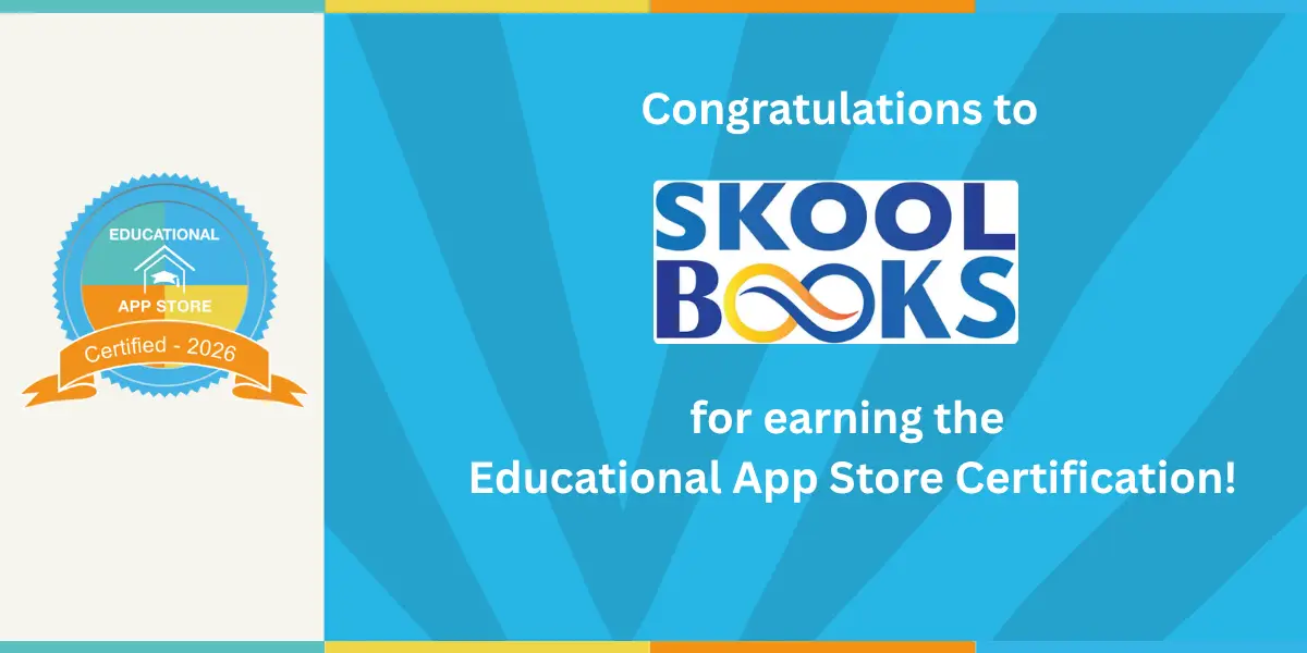 koolBooks awarded the Educational App Store Certified 2026 badge, with a congratulations banner for earning the Educational App Store Certification